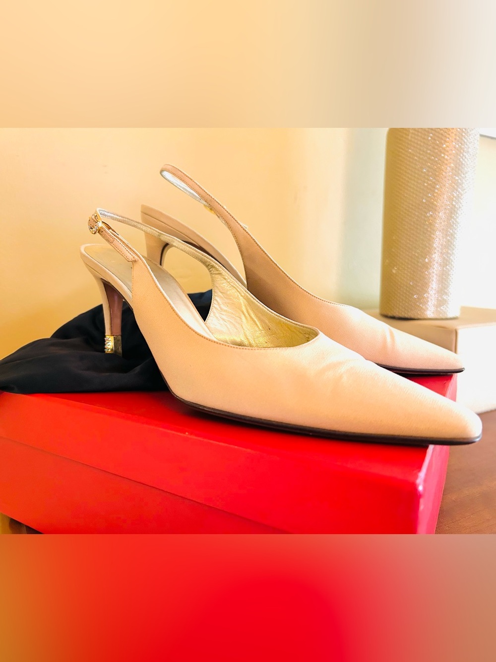 Beige Pointed-Toe Slingback Heels